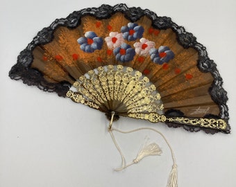 Vintage Plastic Folding Fan Spanish Lace Style with hand painted floral design and gold accents