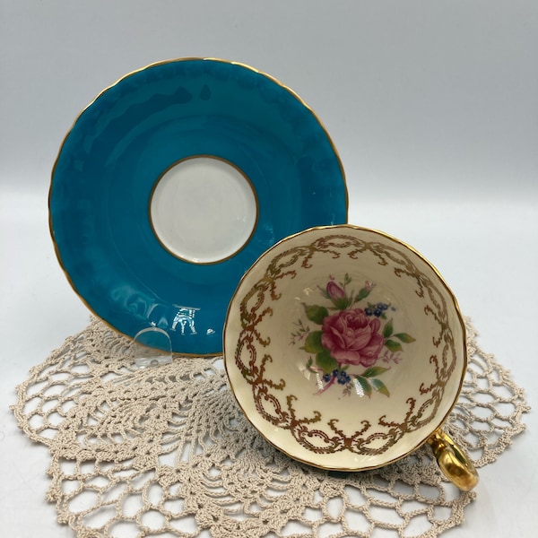 Aynsley Turquoise Teacup and Saucer, Cabbage Rose Center on Teacup