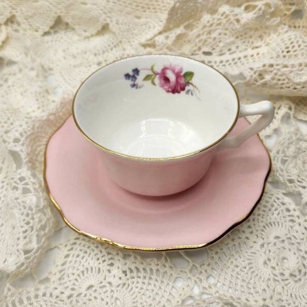 Crown Staffordshire Teacup and Saucer, Pink Cup and Saucer with Pink Cabbage Rose design