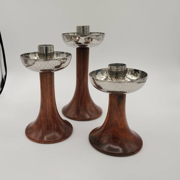 Mid Century MJ Rosewood and Spackled Chrome Candlesticks Set of 3, Mid Century Silver and Wood Candlesticks