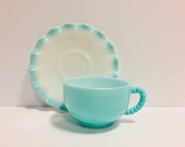 Vintage Hazel Atlas Turquoise Crinoline Cup and Saucer, Hazel Atlas Blue Ripple Cup and Saucer
