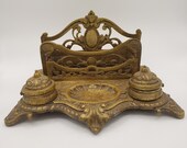 Antique Solid Brass Double Inkwell And Letter Stand With Porcelain Inkwells