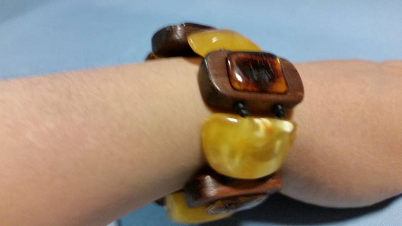 Genuine Baltic Amber and Wood Multi Colored Chunky Bracelet