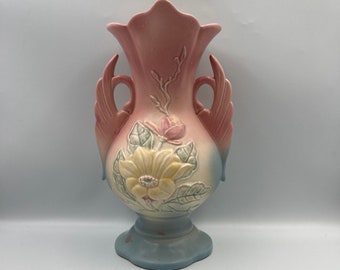 HULL Pottery Magnolia #17 - 12 1/4 Inch Swan Handled Vase, Matte Finish Pink, Blue, Green, and Yellow