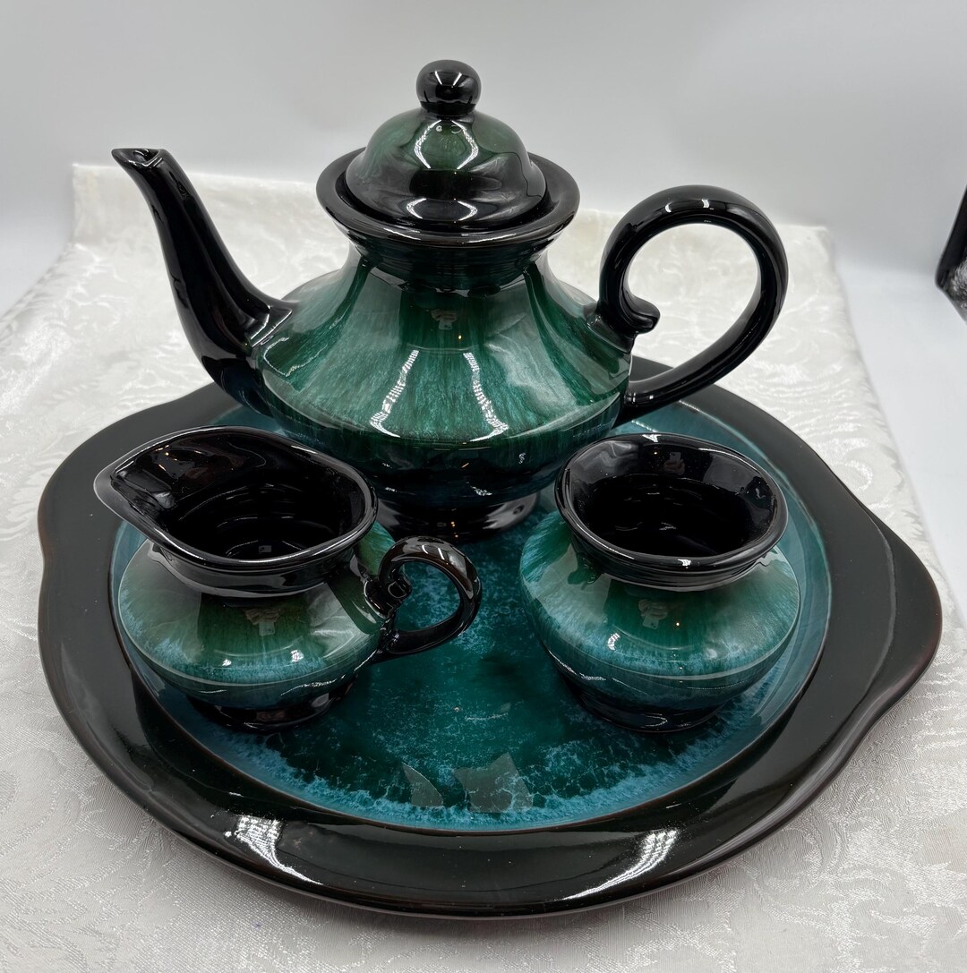 Vintage BMP Blue Mountain Pottery Aladdin Tea Set Green Blue Glaze - Etsy