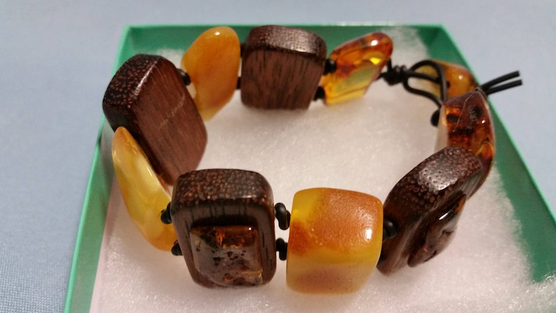 Genuine Baltic Amber and Wood Multi Colored Chunky Bracelet