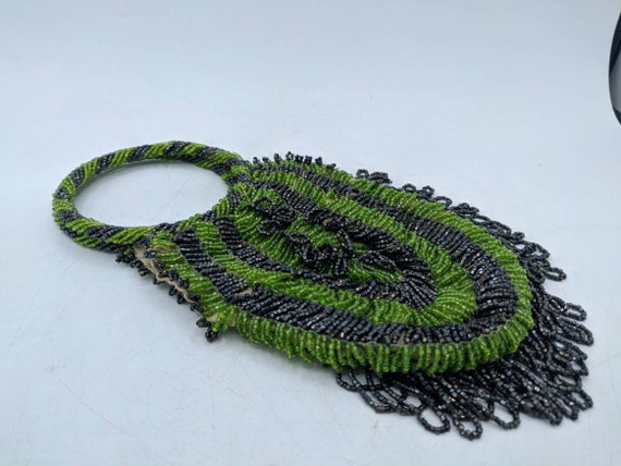 Antique Beaded Fringed Flapper Purse, green and b… - image 2