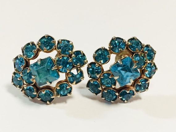 Vintage Aquamarine Rhinestone Earrings  Aquamarin… - image 9