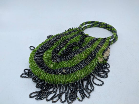 Antique Beaded Fringed Flapper Purse, green and b… - image 1