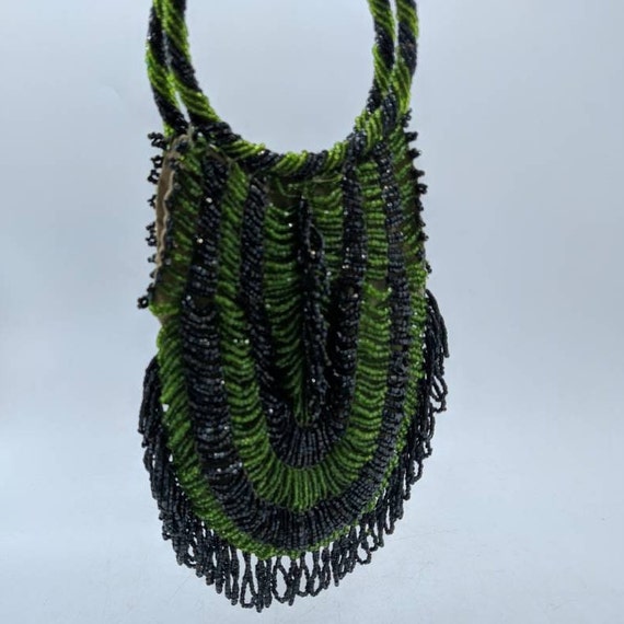 Antique Beaded Fringed Flapper Purse, green and b… - image 3