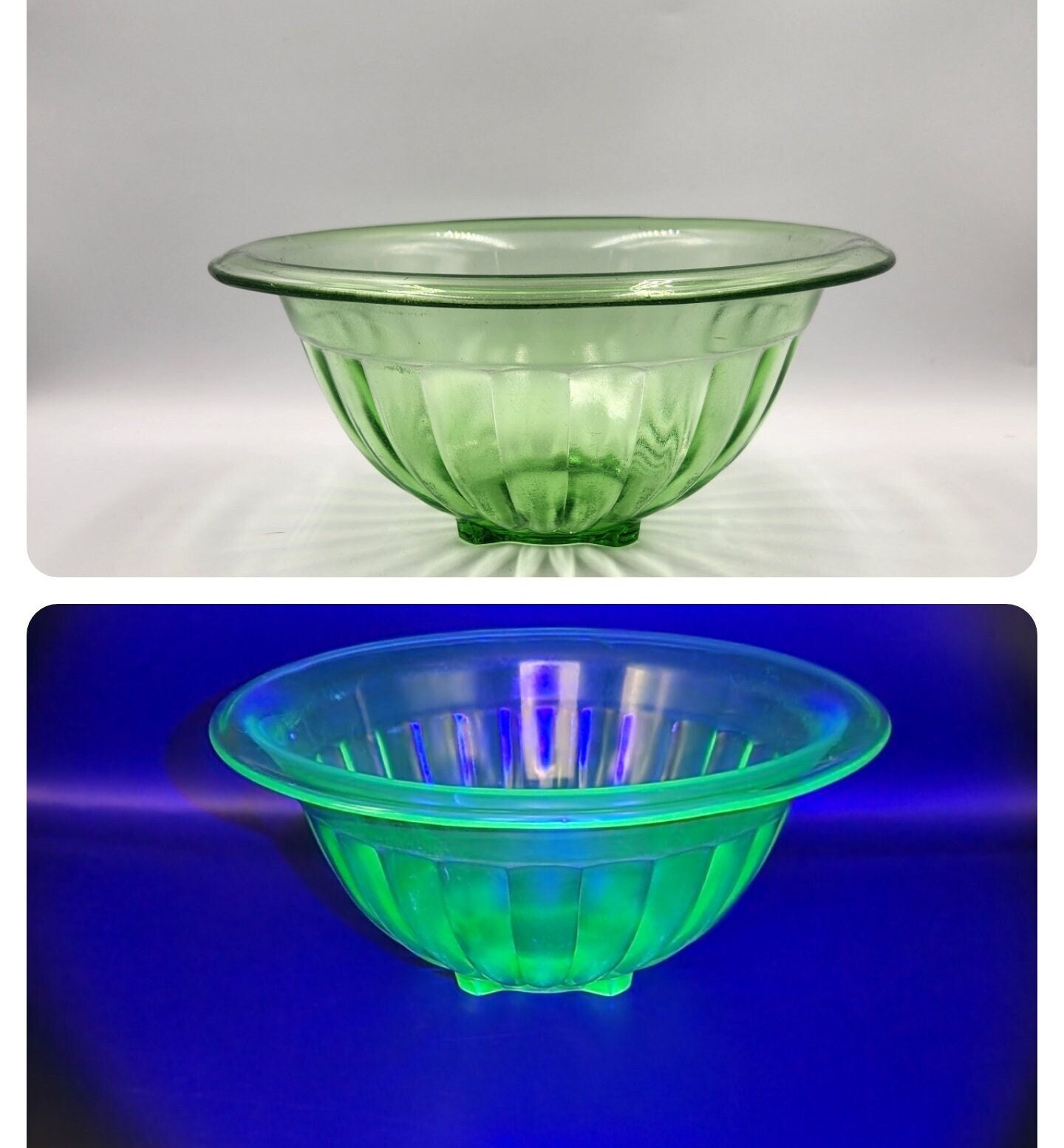 Art Deco Vaseline Uranium Green Glass Ribbed Mixing Bowl With Pour Spout