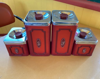 MCM EKCO Canada Limited Set of 4 Red Metal Canisters; Made in Canada