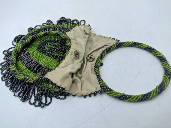 Antique Beaded Fringed Flapper Purse, green and b… - image 9