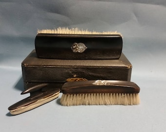 Antique Ebony  and Sterling Silver Men's Grooming Set in Lined Case