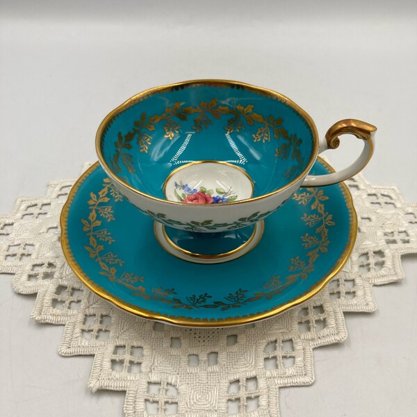 Aynsley Teal Teacup and Saucer Flower Bouquet Center on Teacup