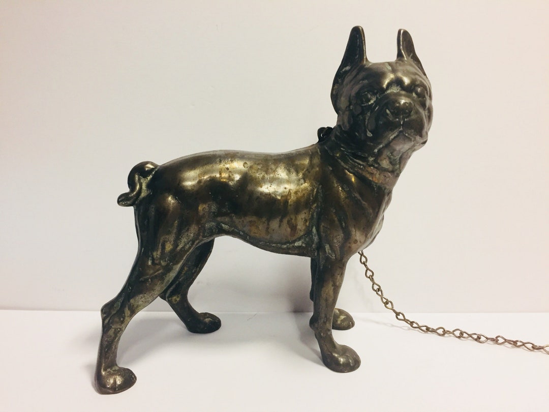 Antique Boston Terrier Cast Iron steel Door Stop With Chain Boston