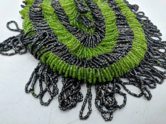 Antique Beaded Fringed Flapper Purse, green and b… - image 7