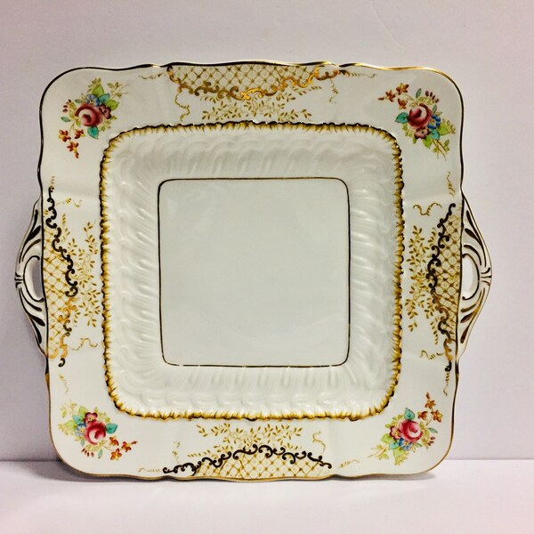 Vintage Radford Swansea Rose Handled Square Cake Plate Hand Painted, Made in England