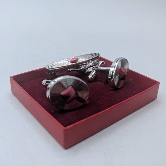 Silver Tone / Rhodium Cufflinks ribbed with Red/P… - image 2