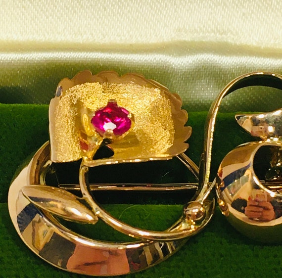 Antique 18K Rose Gold Brooch with Synthetic Ruby;… - image 4