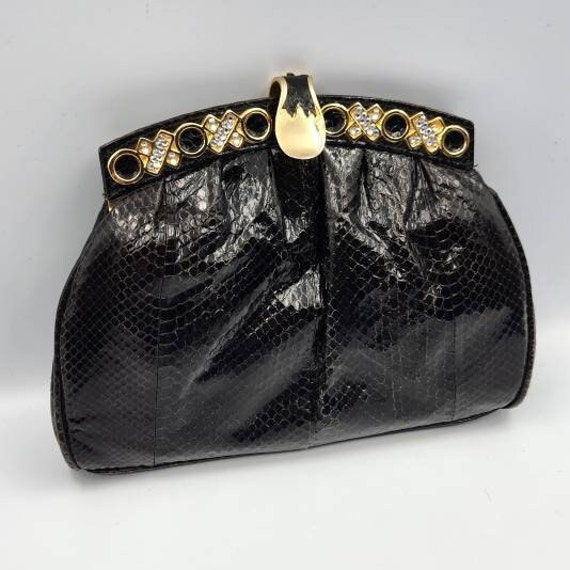 Vintage Farnell Paris Black Snakeskin Handbag, Bl… - image 1