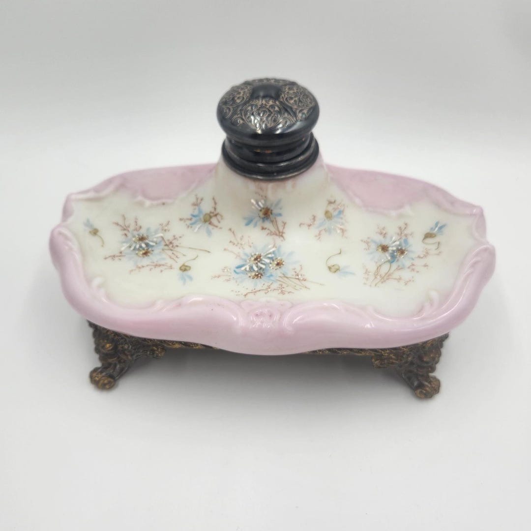Antique Wavecrest Inkwell; Opaque Glass With Rococo Scrolls; Pink and ...