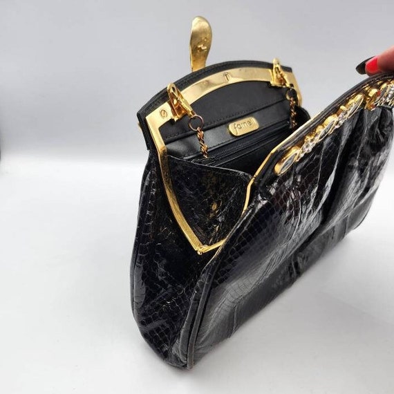 Vintage Farnell Paris Black Snakeskin Handbag, Bl… - image 8