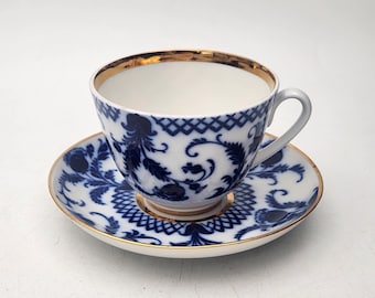 Vintage Lomonosov Cobalt Floral / Thistle Teacup and Saucer with Gold Trim, made in USSR
