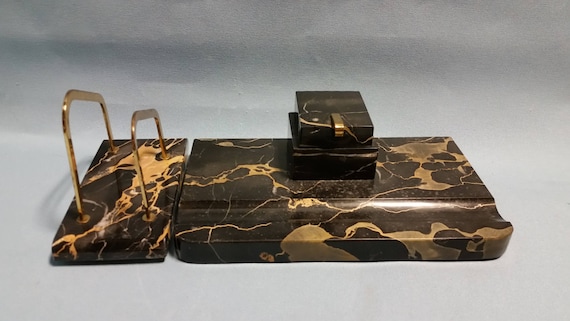Art Deco Black Marble Desk Set Inkwell With Inserts And Israel Art Deco Black Marble Desk Set Inkwell, Art Deco Inkwell Desk Set