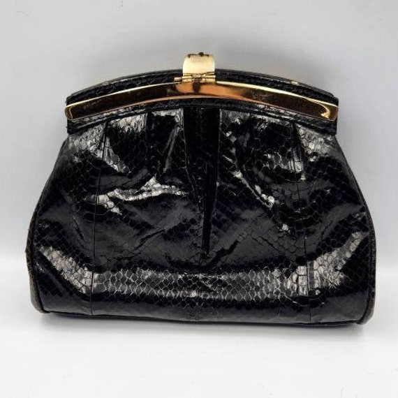 Vintage Farnell Paris Black Snakeskin Handbag, Bl… - image 5