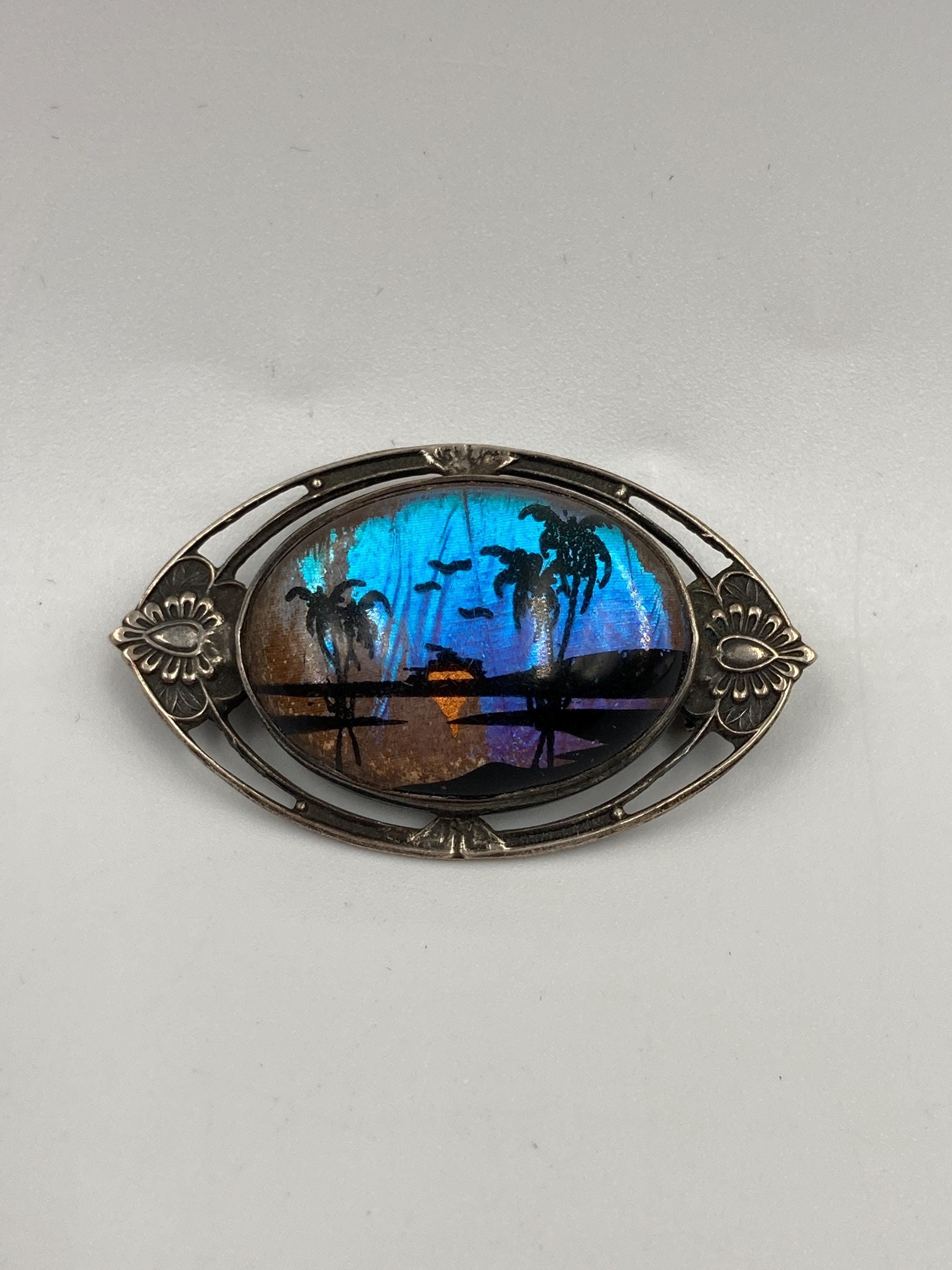 Art Nouveau Real Butterfly Wing Sterling Brooch Sunset Motif