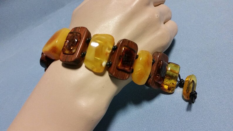 Genuine Baltic Amber and Wood Multi Colored Chunky Bracelet
