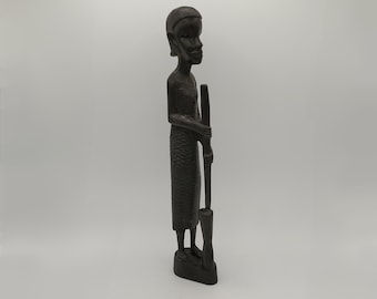 Vintage African Ebony Wood Carving, African Woman With Broom