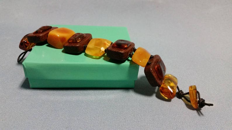 Genuine Baltic Amber and Wood Multi Colored Chunky Bracelet