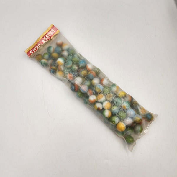 Vintage Sealed Bag of 100 Vitro Agate Marbles, made in USA, vintage package of marbles