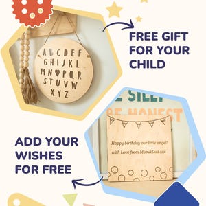May include: Two wooden signs with a light wood background. The first sign is a round alphabet board with a heart in place of the letter O. The second sign is a square with a banner and the text "Happy birthday our little angel! with Love from Mom&Dad xxx".
