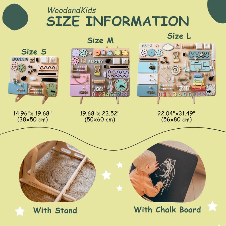 May include: Three wooden activity boards with different sizes and colors. The boards feature various activities for children, including a clock, a bead maze, a shape sorter, and a number puzzle. The boards are labeled with the sizes "S", "M", and "L" and the dimensions are listed in inches and centimeters. The boards are shown with a stand and a chalkboard.