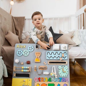 Custom Baby Gift for Learning, Montessori Baby Busy Board, Custom Activity Board for Toddlers, Ideal for Baby Shower or 1st Birthday Gift
