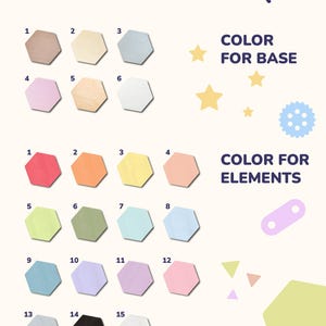 May include: A chart with 15 color swatches in hexagon shapes. The chart is divided into two sections, "Color for Base" and "Color for Elements". The colors include shades of brown, beige, white, red, orange, yellow, green, blue, pink, and gray.