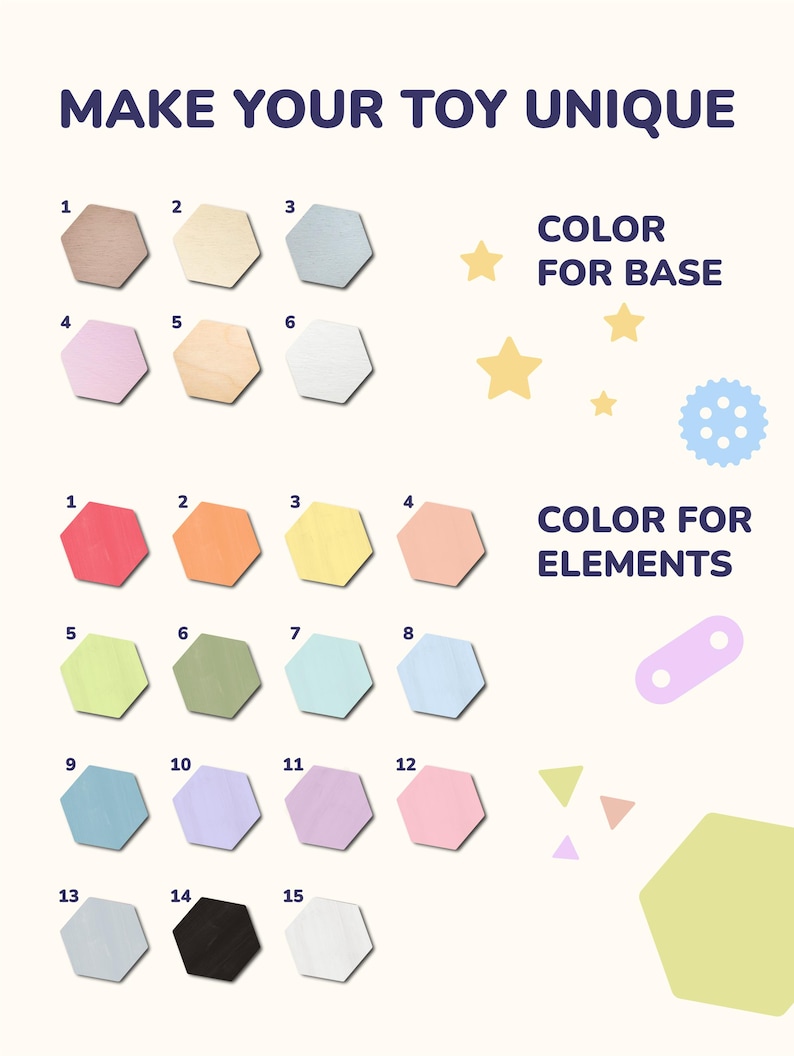 May include: A chart with 15 color swatches in hexagon shapes. The chart is divided into two sections, "Color for Base" and "Color for Elements". The colors include shades of brown, beige, white, red, orange, yellow, green, blue, pink, and gray.