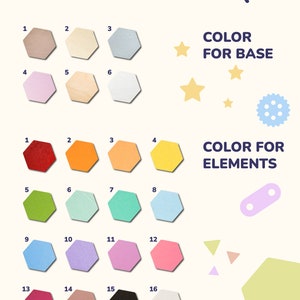 May include: An image showcasing a variety of colorful, hexagonal wooden pieces, with the text "MAKE YOUR TOY UNIQUE." The image displays color options for bases and elements, including stars and geometric shapes.