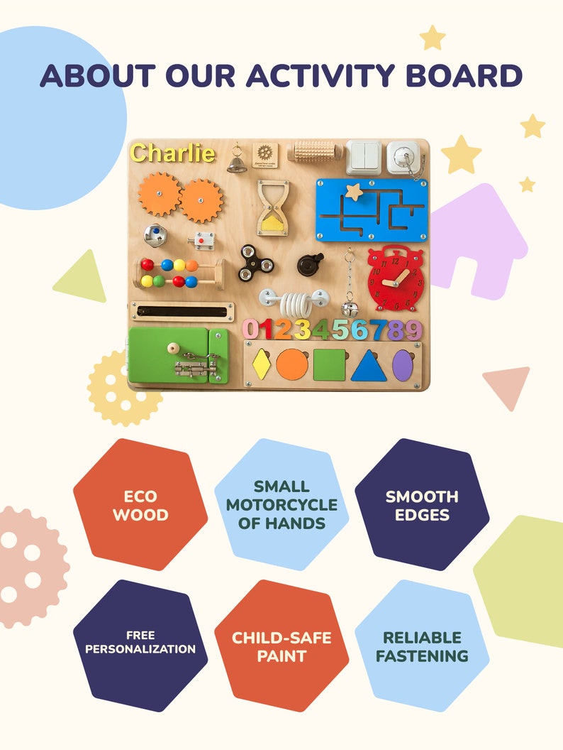 May include: A wooden activity board with various textures and activities for children. It features a clock, gears, a maze, a slider, a lock, a bell, a spinning wheel, and numbers. The board is personalized with the name "Charlie".