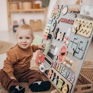Baby Busy Board, Montessori Toys For First Birthday Gift, Girl Boy Newborn Gift, Wooden Personalized Sensory Board, Custom Baby Name Sign