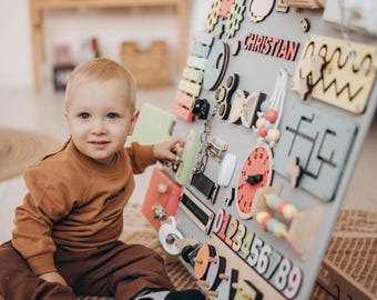 Personalized Wooden Busy Board, Montessori Sensory Toy, First Birthday Gift, Baby Name Sign