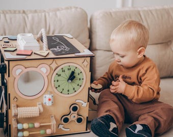 Montessori Wooden Activity Cube, Sensory Busy Toy, 1st Birthday Gift
