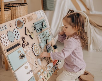 Montessori Wooden Busy Board, Fine Motor Skill Toy, Personalized Name Option, Wooden Montessori Busy Board for Toddlers, Activity Board Toys