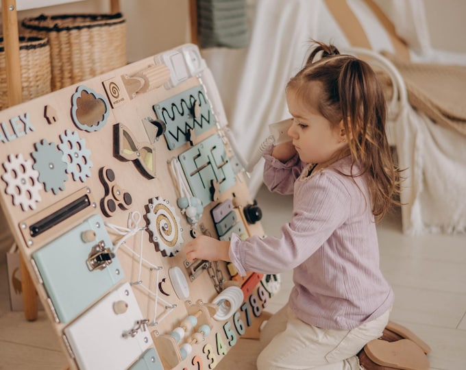 Montessori Wooden Busy Board, Fine Motor Skill Toy, Personalized Name Option, Wooden Montessori Busy Board for Toddlers, Activity Board Toys