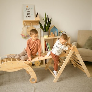 Indoor Wooden Playset for Toddlers, Foldable Climbing Arch & Slide, Adjustable 3-in-1 Wooden Baby Gym, Montessori Climber and Play Gym