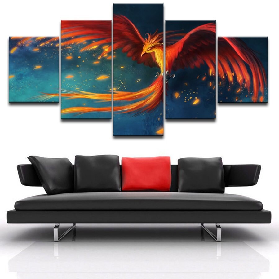 Fire Phoenix Bird Abstract Painting 5 Piece Canvas Print Wall Art Fire Phoenix Bird Abstract Painting 5 Piece Canvas Print Wall Art