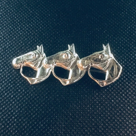 Three Horse Heads Sterling Silver Brooch / Pin by… - image 1